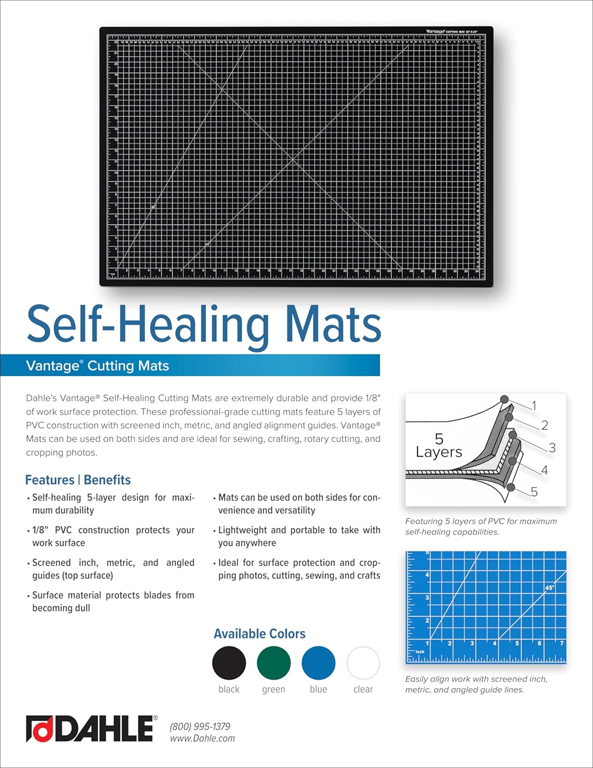 Dahle Vantage 10472 Premium Self-Healing Cutting Mat, 18"x24", 1/2" Grid, 5 Layers for Max Healing, Perfect for Crafts & Sewing, Green