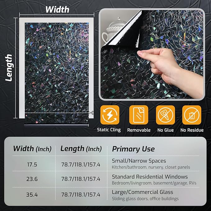 LUTE Black Out Window Film, Sun Light Blocking Window Film for Room Darkening Day Sleep, 100% UV Blocker Stained Glass Blackout Cover, Rainbow Black Out Shades Tint for Home 17.5" x 78.7"