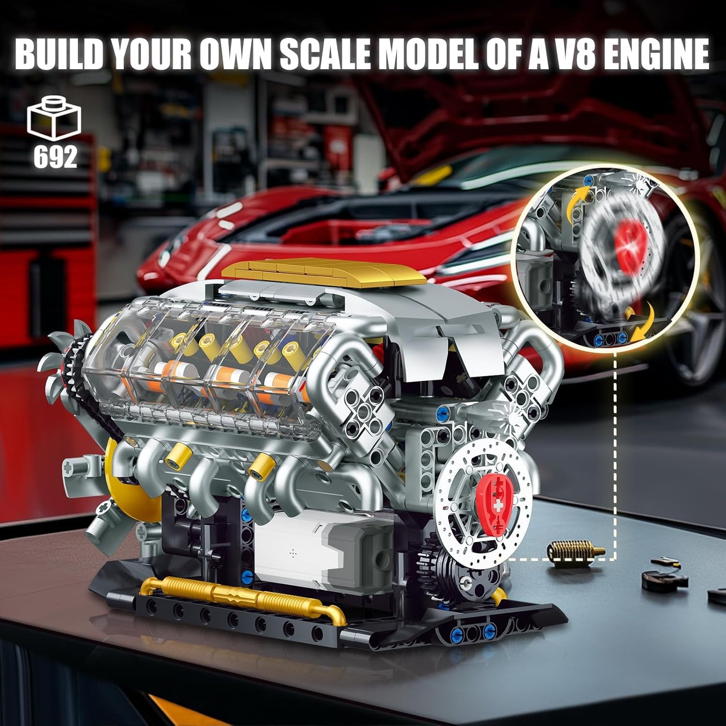 V8 Engine Building Kit for Adults, Build Your Own MOC Mini V8 Engine Model Toy for Display, Compatible with Lego Car Set, STEM Building Project for Teens & Kids Boys 8-14 (692 PCS)
