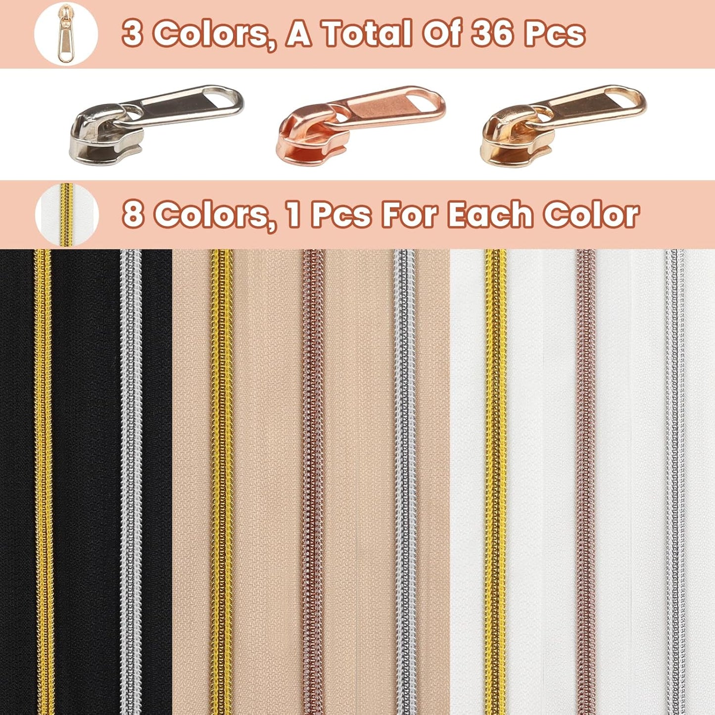 DOITEM 17.8 Yards Endless Zippers by The Meter Black White Zipper 6 mm Spiral + 32 Nonlock Zippers (Gold Silver Rose Gold)