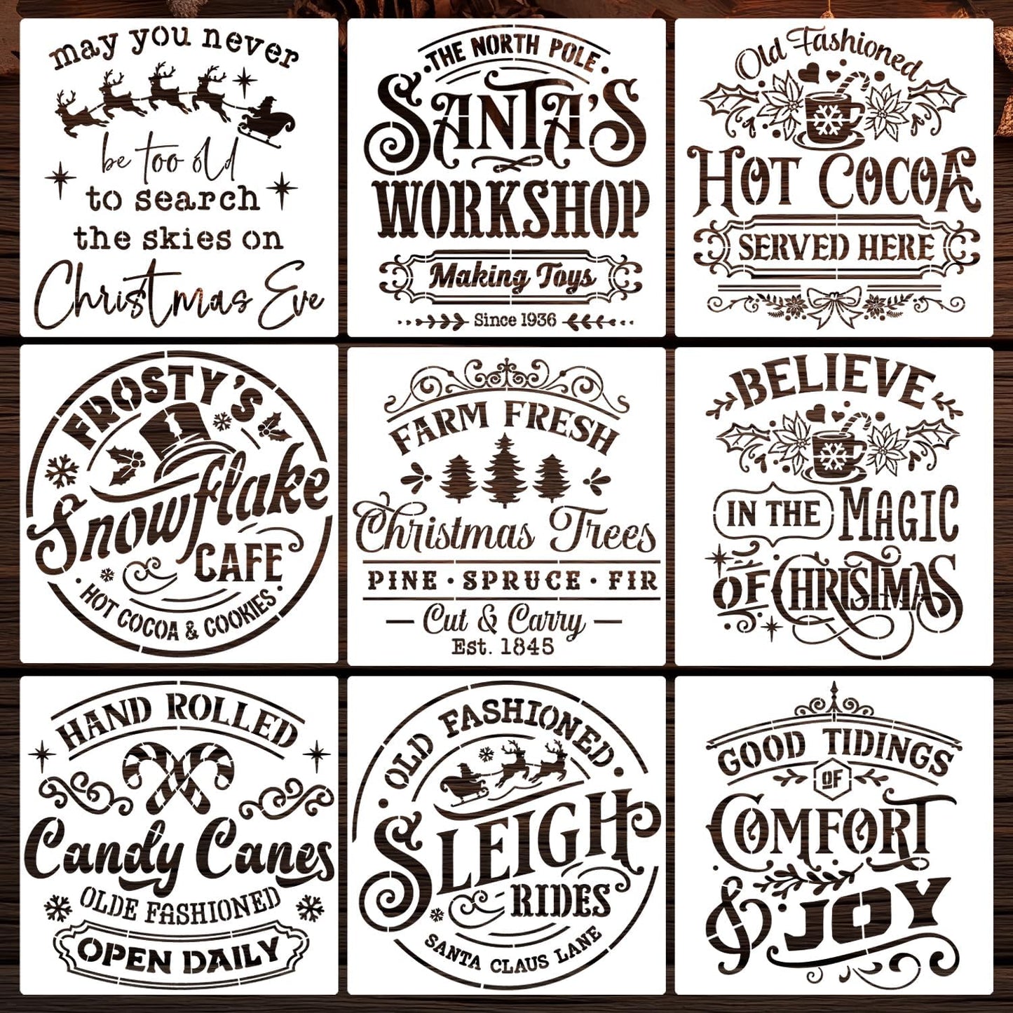 Christmas Stencils for Painting on Wood 12" Large Christmas Stencils for Crafts Reusable Santa Hot Coca Candy Cane Holiday Stencil Drawing Templates for Wood Fabrics Porch Hanger Winter Decor