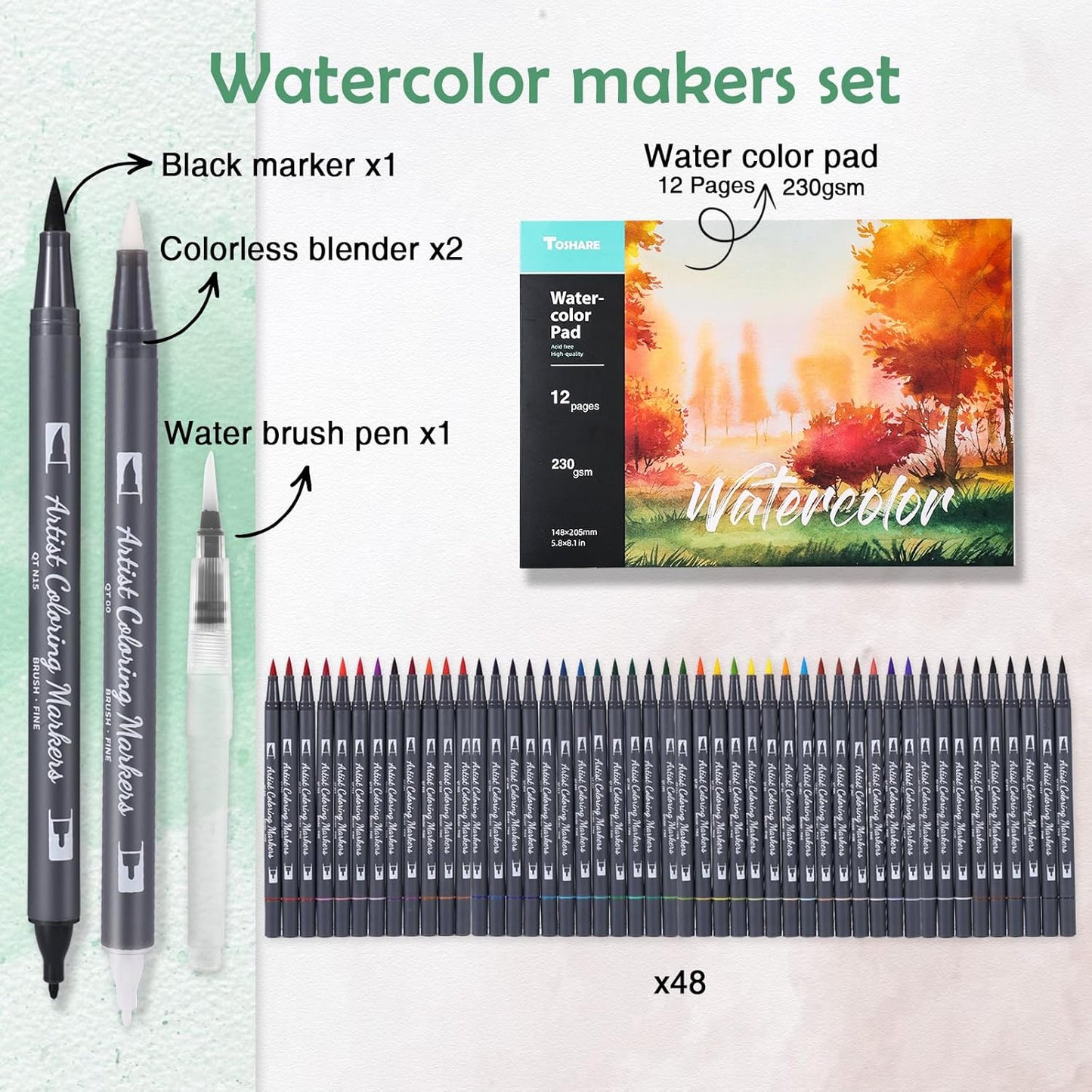 Watercolor Pens Set, 48-Color Dual Tip Paint Markers, Water-Based Coloring Markers with 1 Aquapen, 2 Colorless Blenders, 1 Black Marker, and 12-Page Pad, Paint Supply for Artists & Beginners