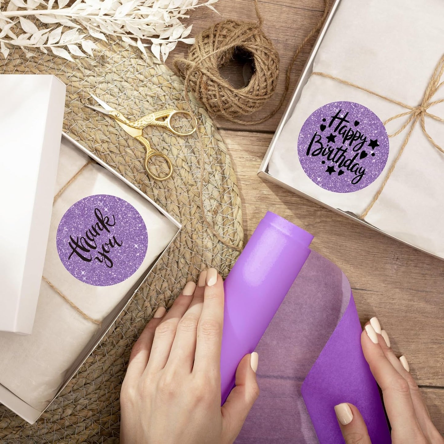 2" Holographic Thermal Label Stickers, Round Direct Thermal Label Stickers, Glitter Thermal Printer Sticker Labels for Gift Wrapping, Perforation Line Design- Glitter Purple