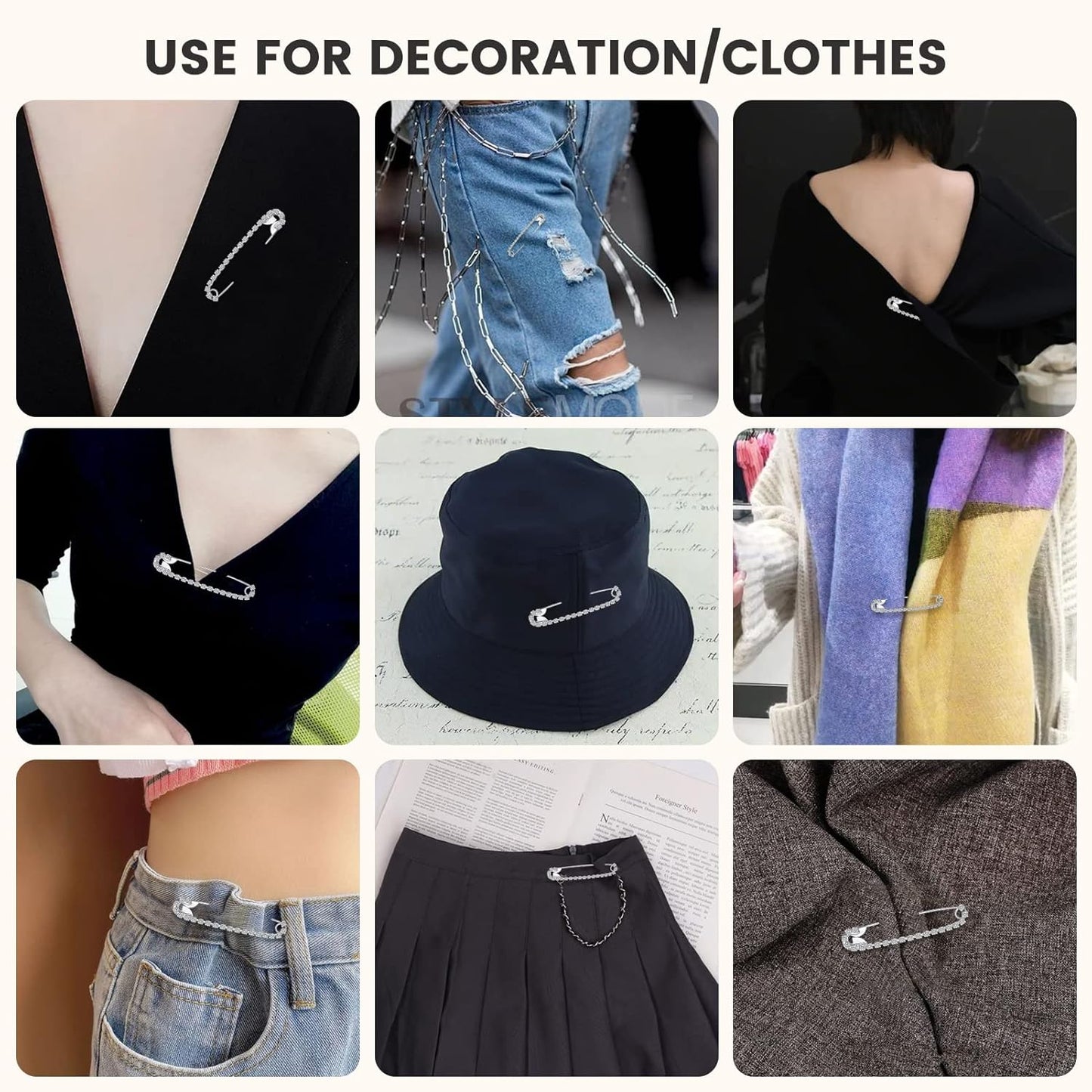 Housweety 10 Silver Tone Rhinestone Safety Pins Brooches 5.8x1.2cm