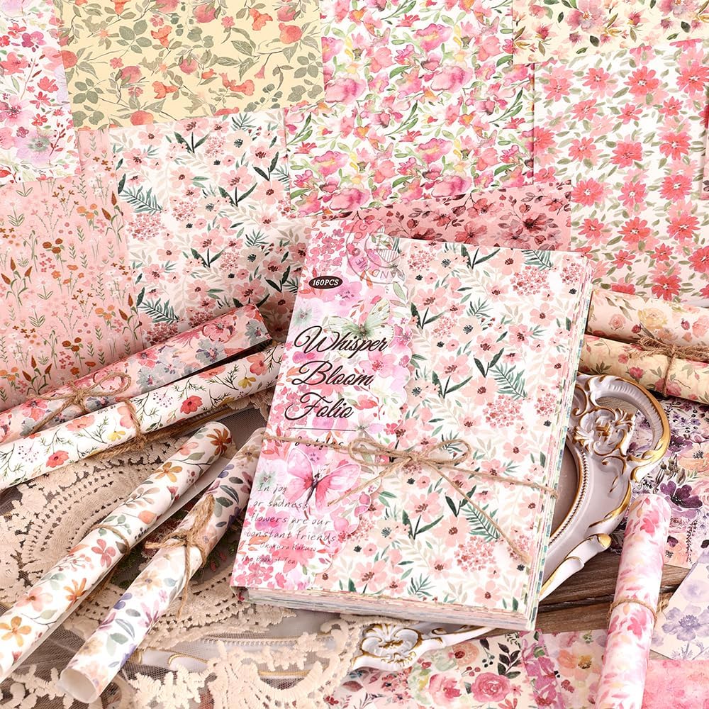 160 Sheets of Pink Flower Scrapbook Paper, journaling Scrapbook Supplies Craft Collage Paper Set, Junk Journal Bullet Journal Poster Room Decor for Card Making Decorative Gifts
