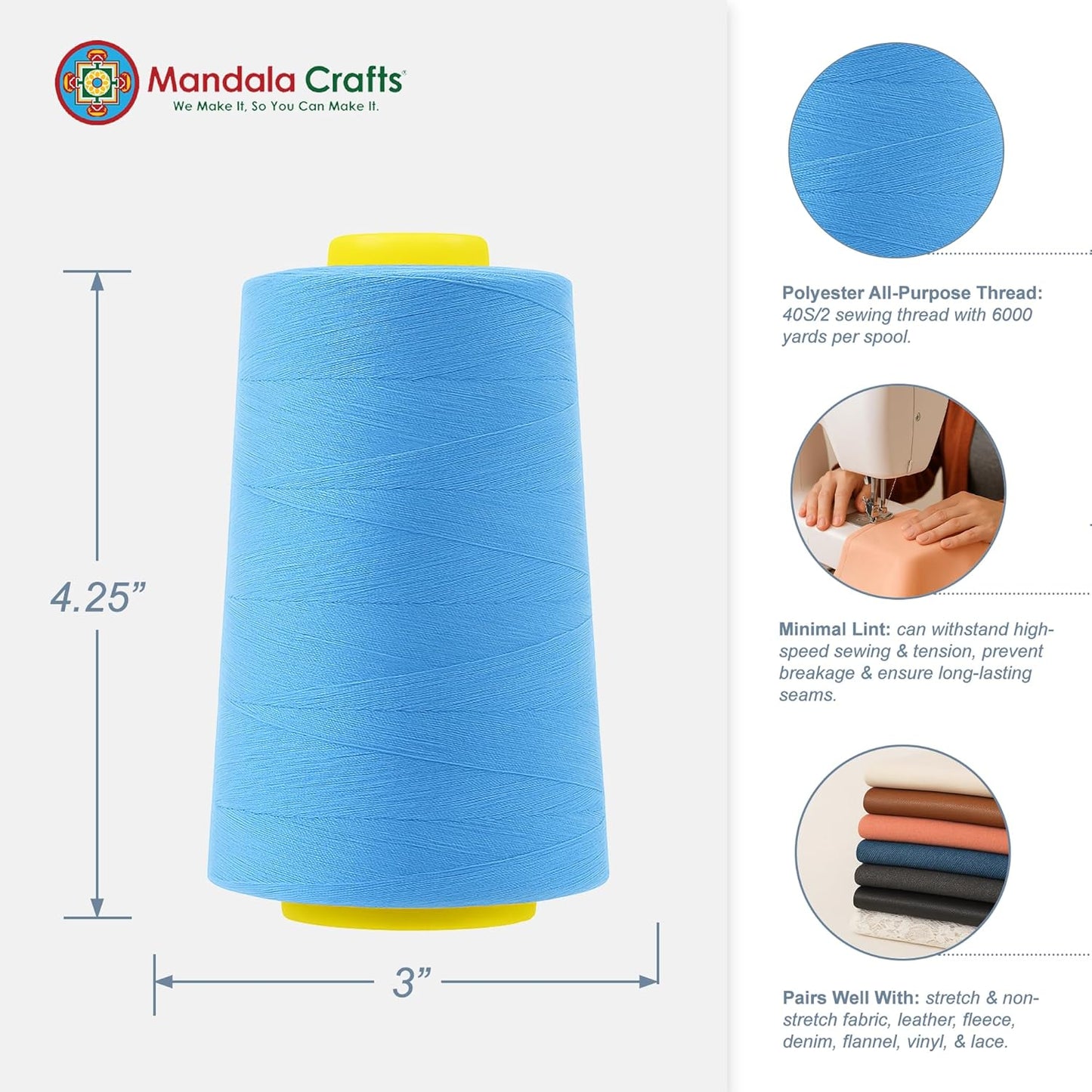 Mandala Crafts 4 Pack of Serger Threads Cones Spools - 40S/2 24000 Yards Polyester Sky Blue Threads for Sergers Machine and Overlock Quilting Sewing Machine