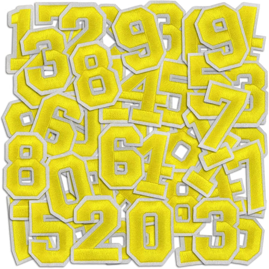Number Iron On Patches, Numbers 0-9 Embroidery Applique Patch, DIY Decorative Heat Press Patches for Clothing Jeans Jackets Backpacks Hats (Yellow 50 Pcs)