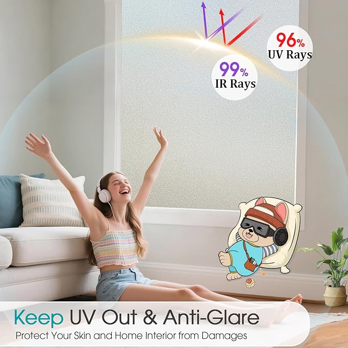 Coavas Window Privacy Film Frosted Glass Static Clings, Decorative Bathroom Door Window Covers Day and Night, Heat UV Blocking Anti-Glare Frosting Stickers for Christmas, 35.4 x 118.1 Inch, Pure