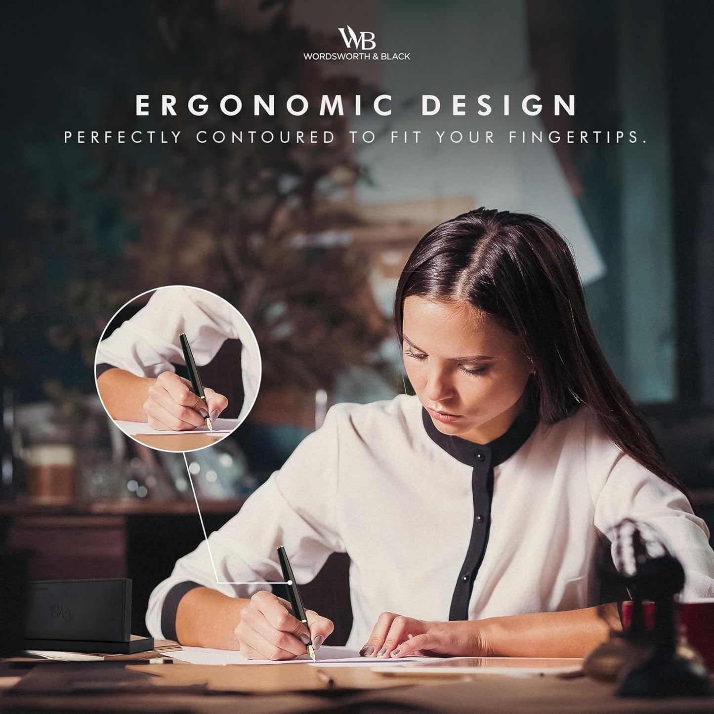 Wordsworth & Black Fountain Pen Set, Bent Nib, Includes 24 Pack Ink Cartridges, Ink Refill Converter & Gift Box, Calligraphy, [All Black], Perfect for Men & Women