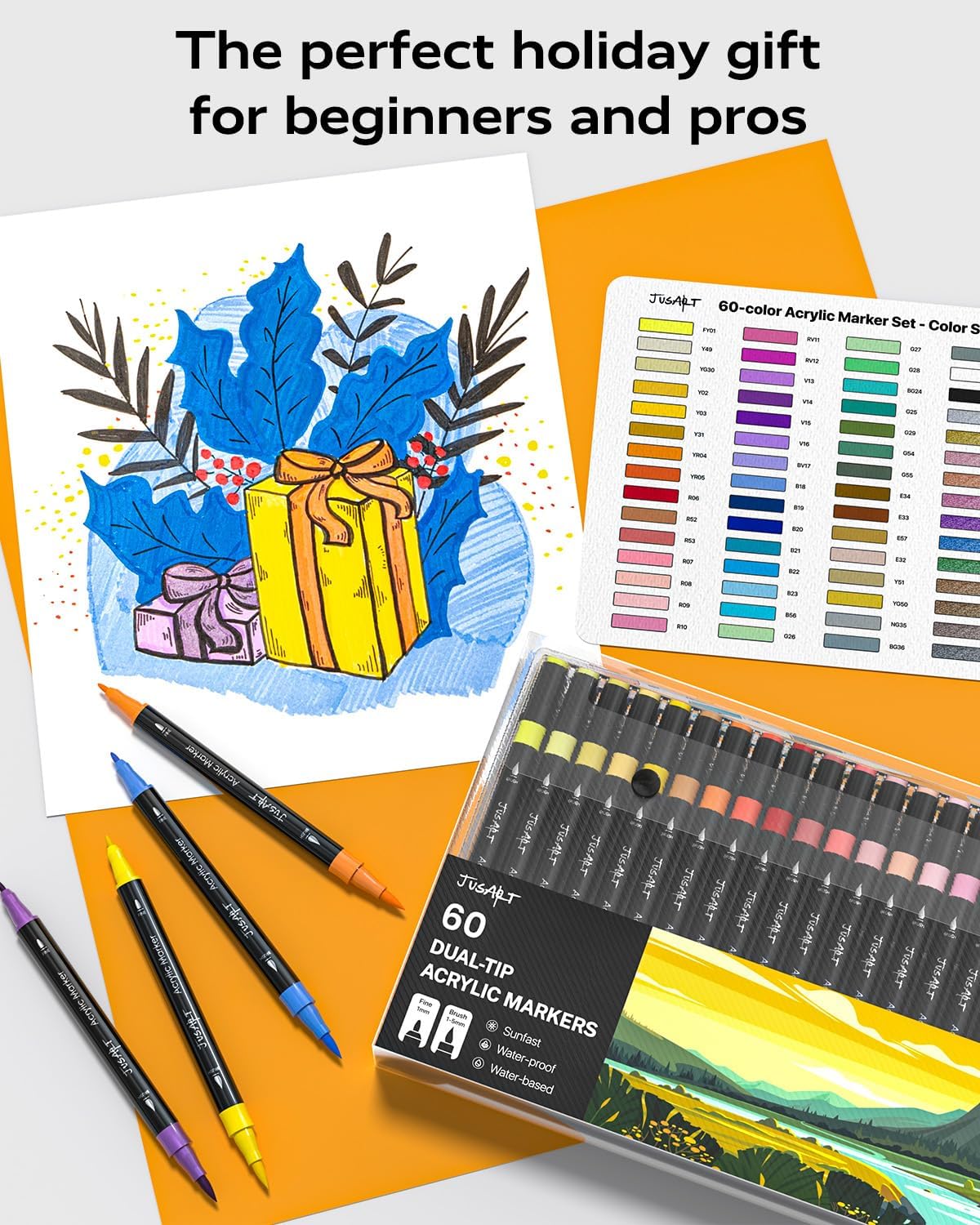 JusArt 24 Colors Dual Tip Acrylic Paint Pens Markers, Brush and Fine Tip, Premium Paint Pens for Wood, Canvas, Egg, Stone, Fabric, Rocks, Metal, Glass, Ceramic, DIY Crafts Making Art Supplies Gifts