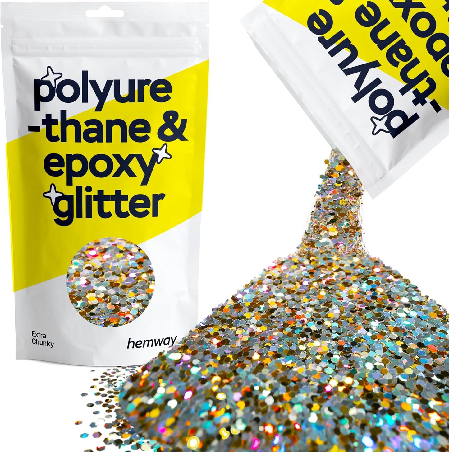 Hemway Polyurethane & Epoxy Resin Glitter 100g / 3.5oz Metallic Crystal Flake Additive for Flooring Jewelry Tumblers Glass Pigment - Extra Chunky (1/24" 0.040" 1mm) - Gold Silver Holographic