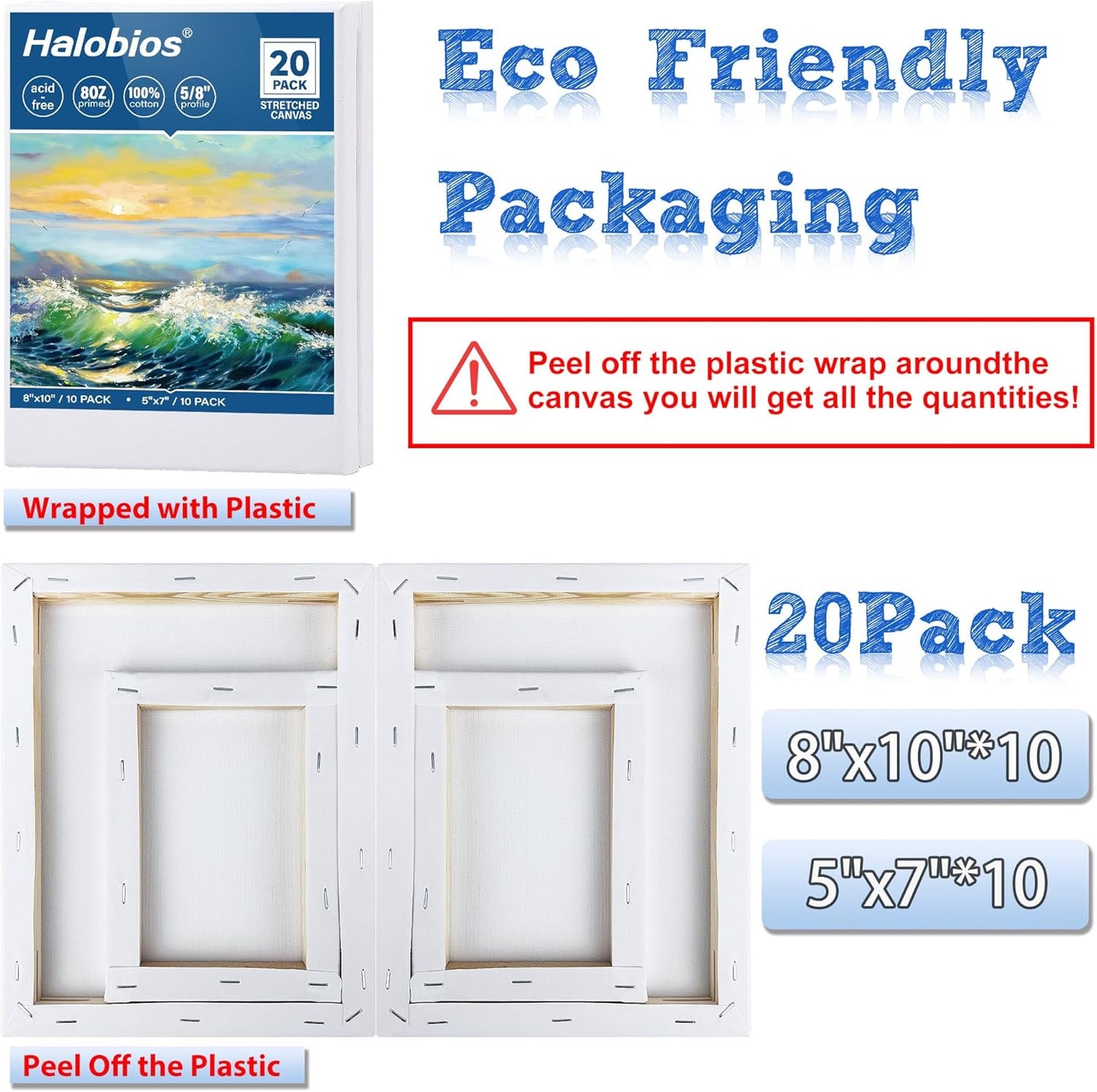 Professional Stretched Canvas for Painting with 8x10 inch, 5x7 inch (10 of Each), 20 Packs Blank Canvases Art Supplies for Acrylic, Oil, Pouring,100% Cotton, Primed, 5/8 Inch Profile