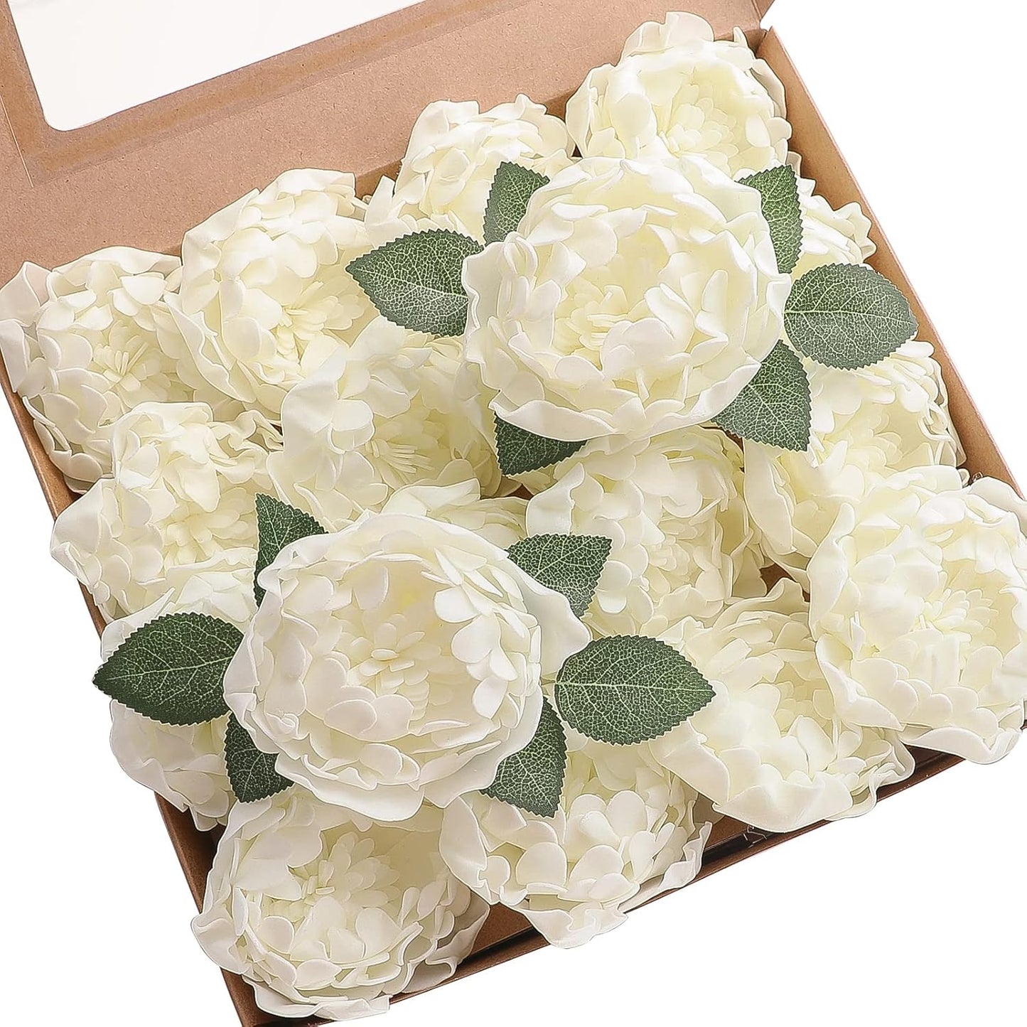 Floroom Artificial Flowers 16pcs 4" Ivory Blooming Peonies Real Looking Foam Fake Peony with Stems for DIY Wedding Bouquets Bridal Shower Centerpieces Floral Arrangements Party Tables Home Decorations