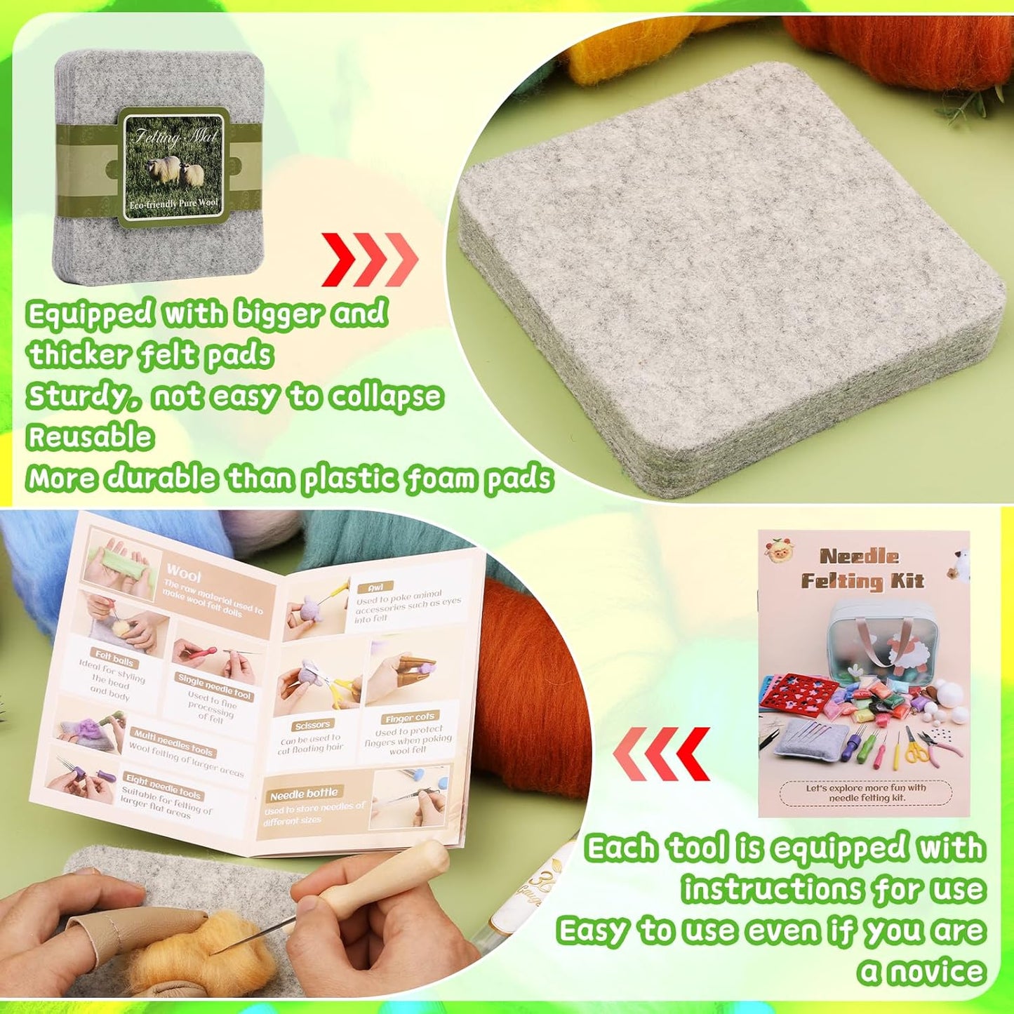 Mayboos Needle Felting Kit, 24 Colors Wool Roving Set, Needle Felting Kit with Felting Tool and Foam Mat Needle Felting Supplies for Beginner DIY Arts and Craft