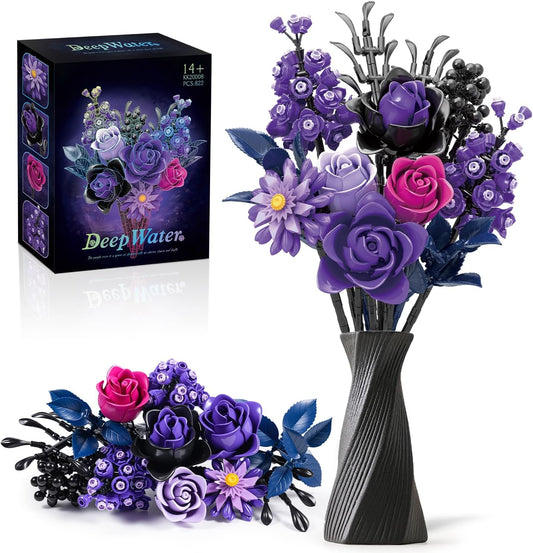 Gohero Purple Roses Building Blocks Set (822PCS) - Lego Compatible Flowers for Adults, Gothic Home Decor, for Women & Teen Girls, Making It an Ideal Gift for Halloween, Valentine's Day.