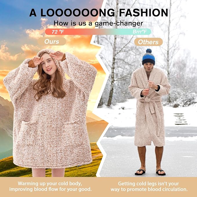 yescool Wearable Blanket Hoodie, Flannel Sherpa Fleece Blanket Sweatshirt for Adults Women Men,One Size Fits All