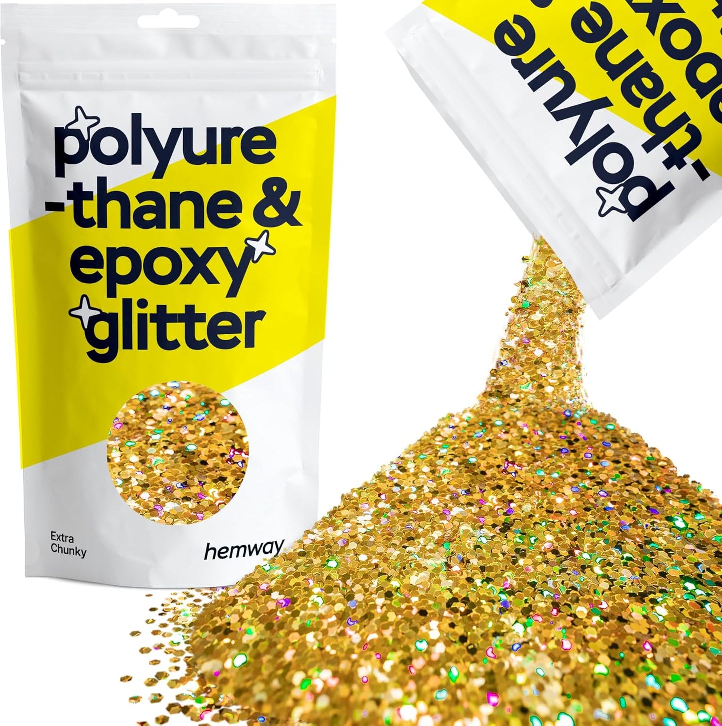 Hemway Polyurethane & Epoxy Resin Glitter 100g / 3.5oz Metallic Crystal Flake Additive for Flooring Jewelry Tumblers Glass Pigment - Extra Chunky (1/24" 0.040" 1mm) - Gold Holographic