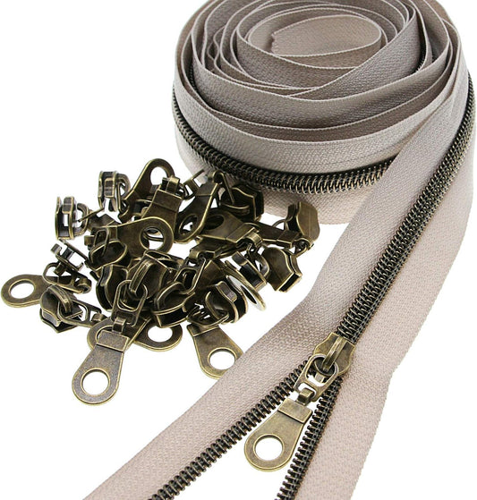Leekayer #5 Antique Brass Teeth Metallic Nylon Coil Zippers by The Yard Bulk 10 Yards Beige Tape with 25pcs Brass Sliders for DIY Sewing Tailor Craft Bag(Beige)