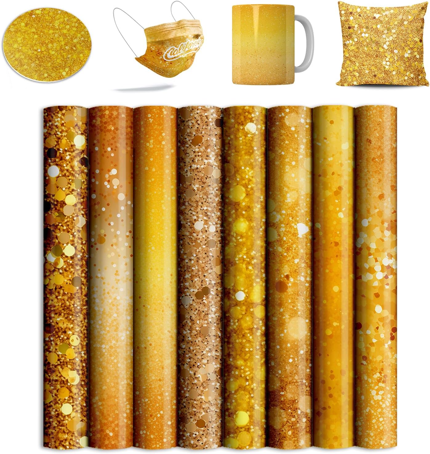 Yellow Glitter Sublimation Transfer Sheets for Heat Press Machine,Gold Sublimation Paper for Tumblers Blanks Tshirts,8 Sheets 12x12inch