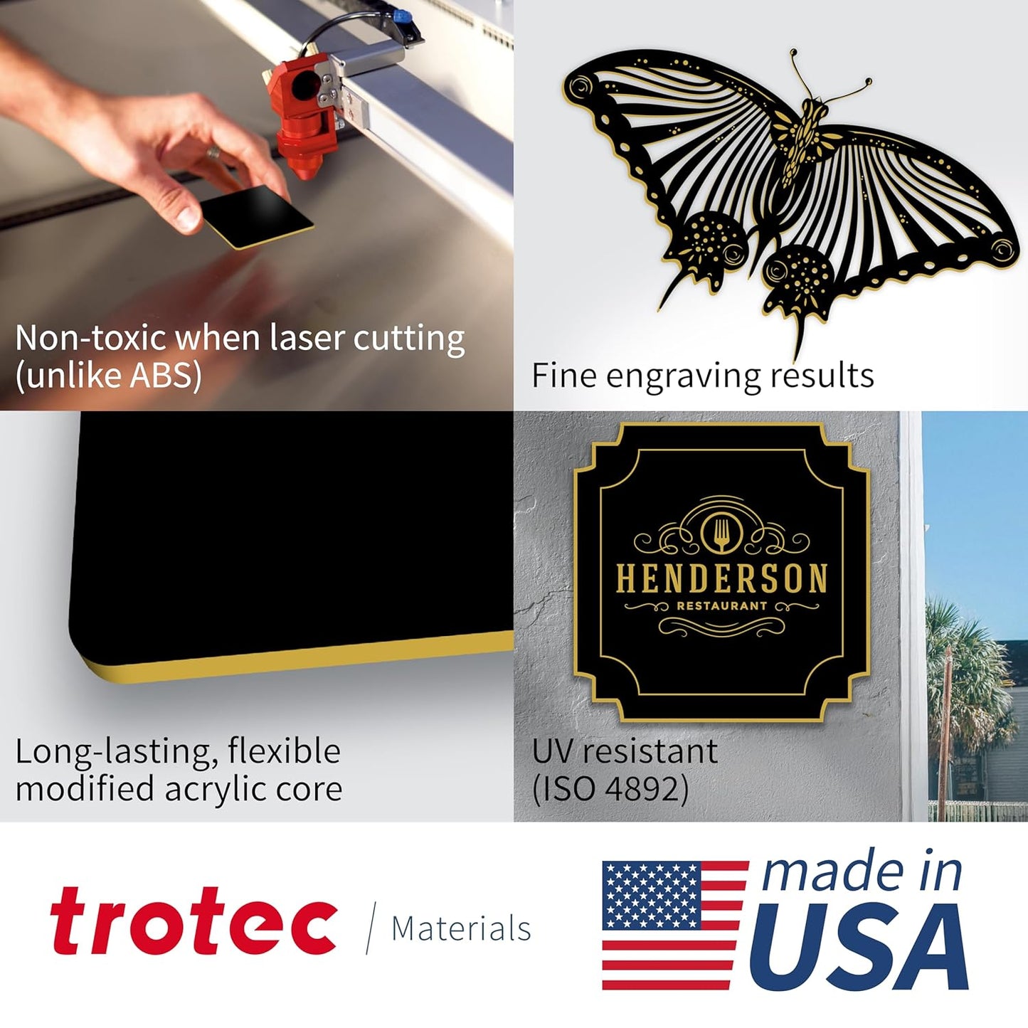 Trotec TroLase | 12"x20"x1/16", 4 Pcs | Black/Gold | 2 Ply | Modified Acrylic | Laser Engraving Double Color Plastic Sheet | Engraving Blanks for Laser, Saw, Guillotine | Made in USA