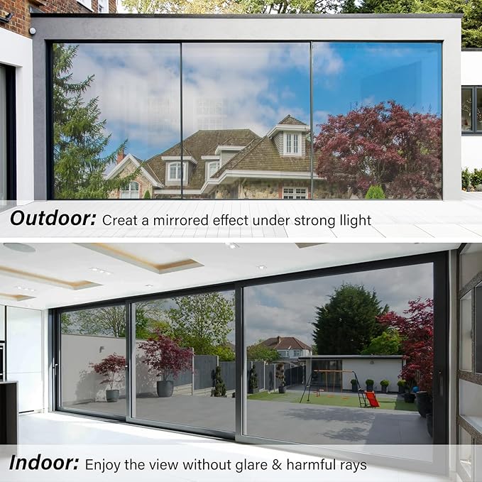 Kromapolis One Way Window Privacy Film Reflective Mirror Home Window Tint, Daytime Privacy Heat Control Anti UV Glass Tinting Static Cling (Silver, 35.4 x 78.7 inch)