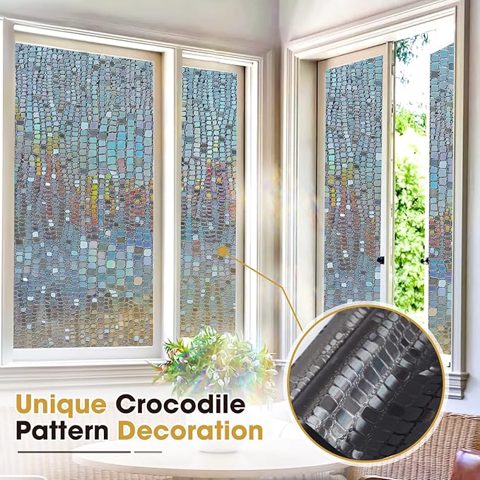 Windimiley Rainbow Window Privacy Film, 3D Stained Glass Christmas Decorative Window Clings, UV Heat Blocking Holographic Prism Stickers for Home (35.4 x 78.7In,Brown)
