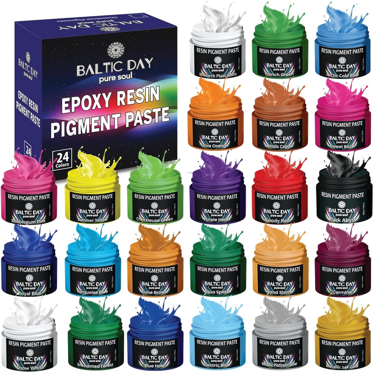 BALTIC DAY 24 Color Pigment Paste for Epoxy Resin Set – Opaque Epoxy Pigment, Epoxy Dye Paste & High Concentration Mica Powder for Resin Art, Jewelry, Tumblers, Coasters & Crafts