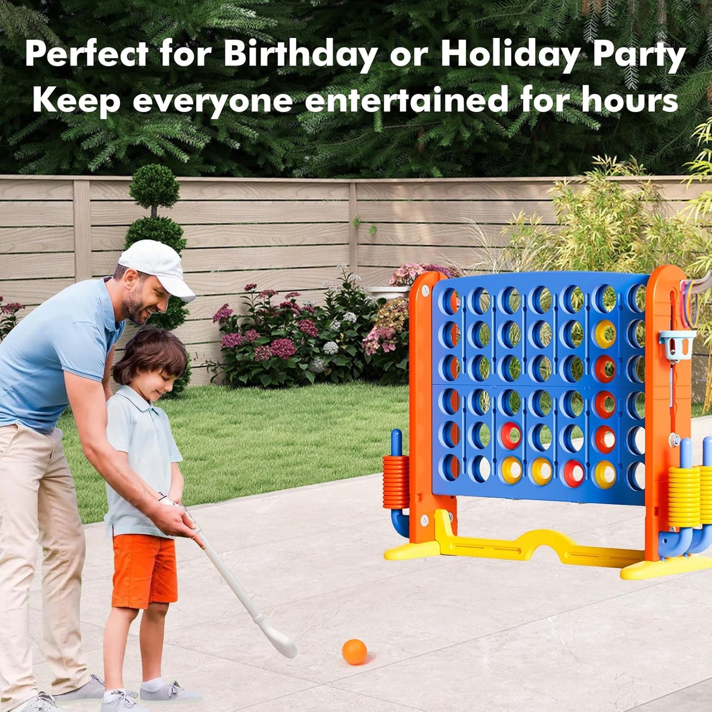 Giant 4 in a Row Connect Game with Mesh Fabric | Height Adjustable 4-in-1 Jumbo 4-to-Score Yard Game Set with Basketball, Golf & Ring Toss | Outdoor Indoor Family Yard Party Game for Kids & Adults