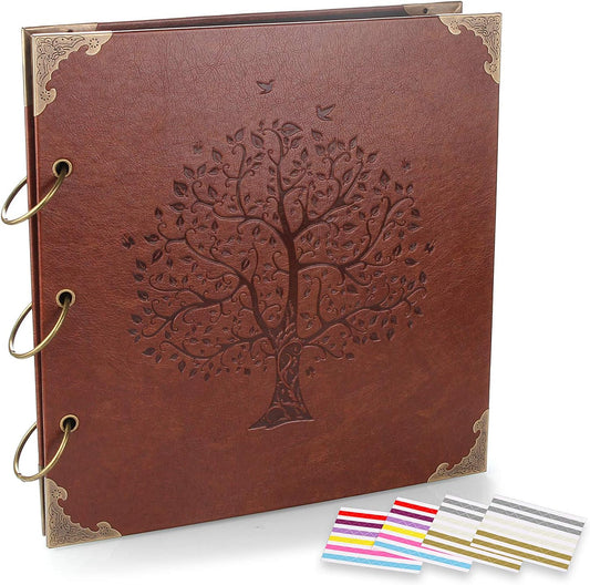 Photo Album DIY Scrapbook (10x10 inch 50 Pages Double Sided), Vintage Leather Cover Three-Ring Binder Family Picture Booth with 9 Color 408pcs Self Adhesive Photos Corners for Memory Keep, Tree