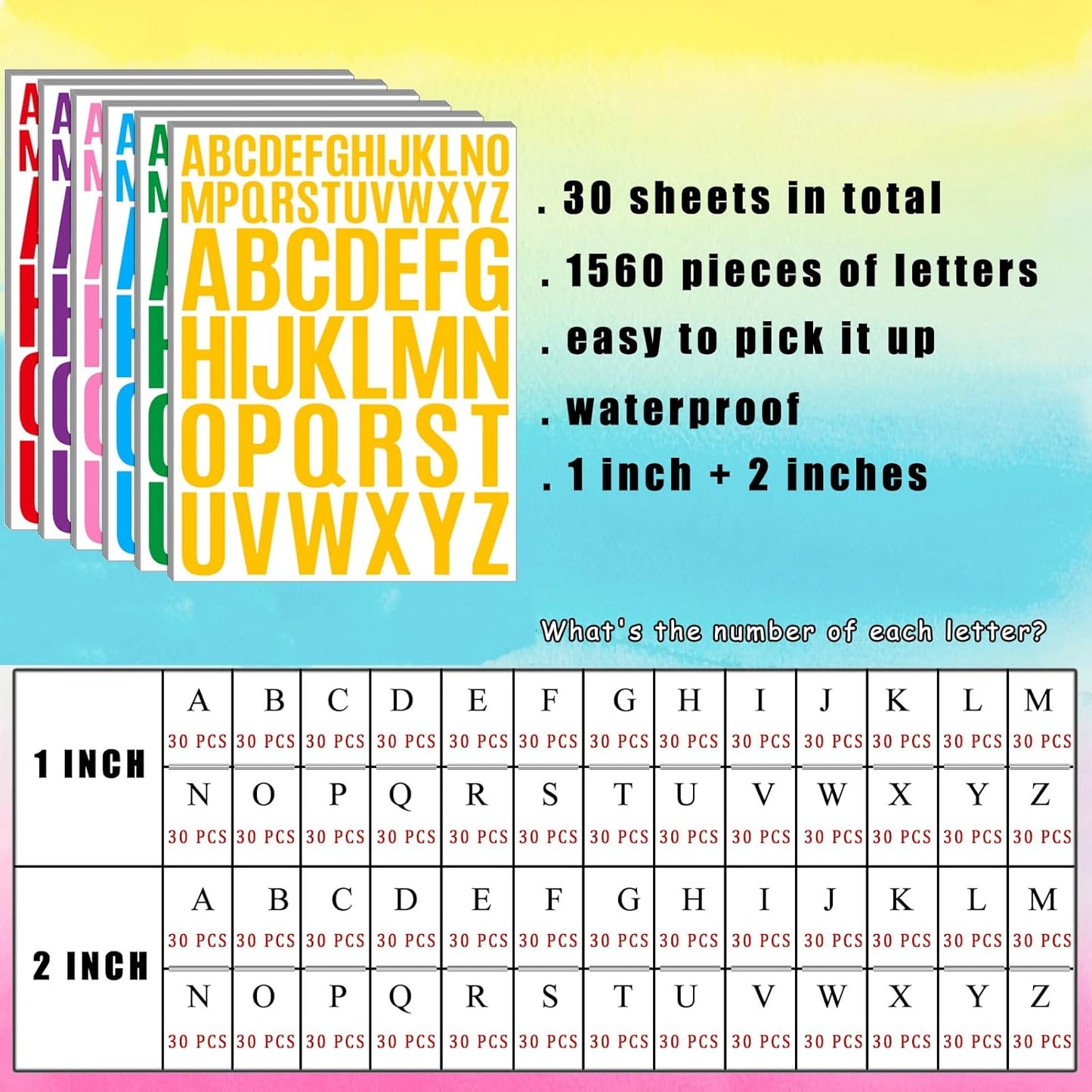 Bemeol Letter Stickers 1560 Pieces 30 Sheets Stick on Vinyl Letters Capital Alphabet Sticker Letter for Craft Bulletin Boards Classroom Home Business Decor(Multicolor,1 Inch,2 Inch)