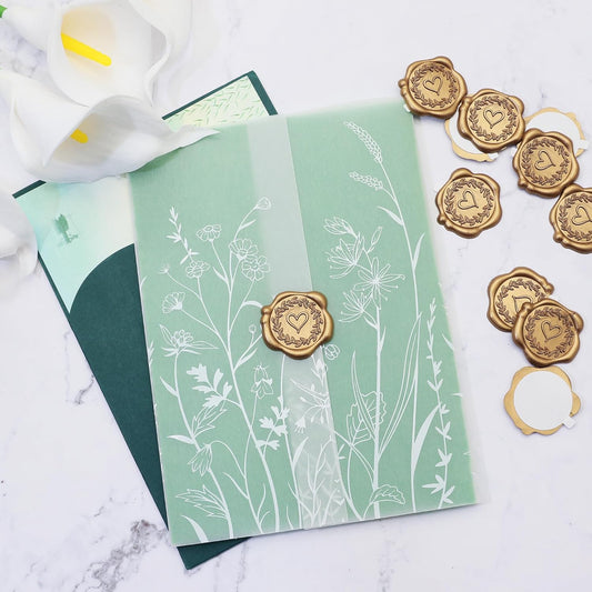 SWANGSA 100 Sets Wedding Invitations Wraps, Vellum Jackets for 5x7 Invitations & Self Adhesive Antique Gold Heart Wax Seal Stickers for Wedding Bridal Baby Shower Birthday Envelopes (White Wildflower)