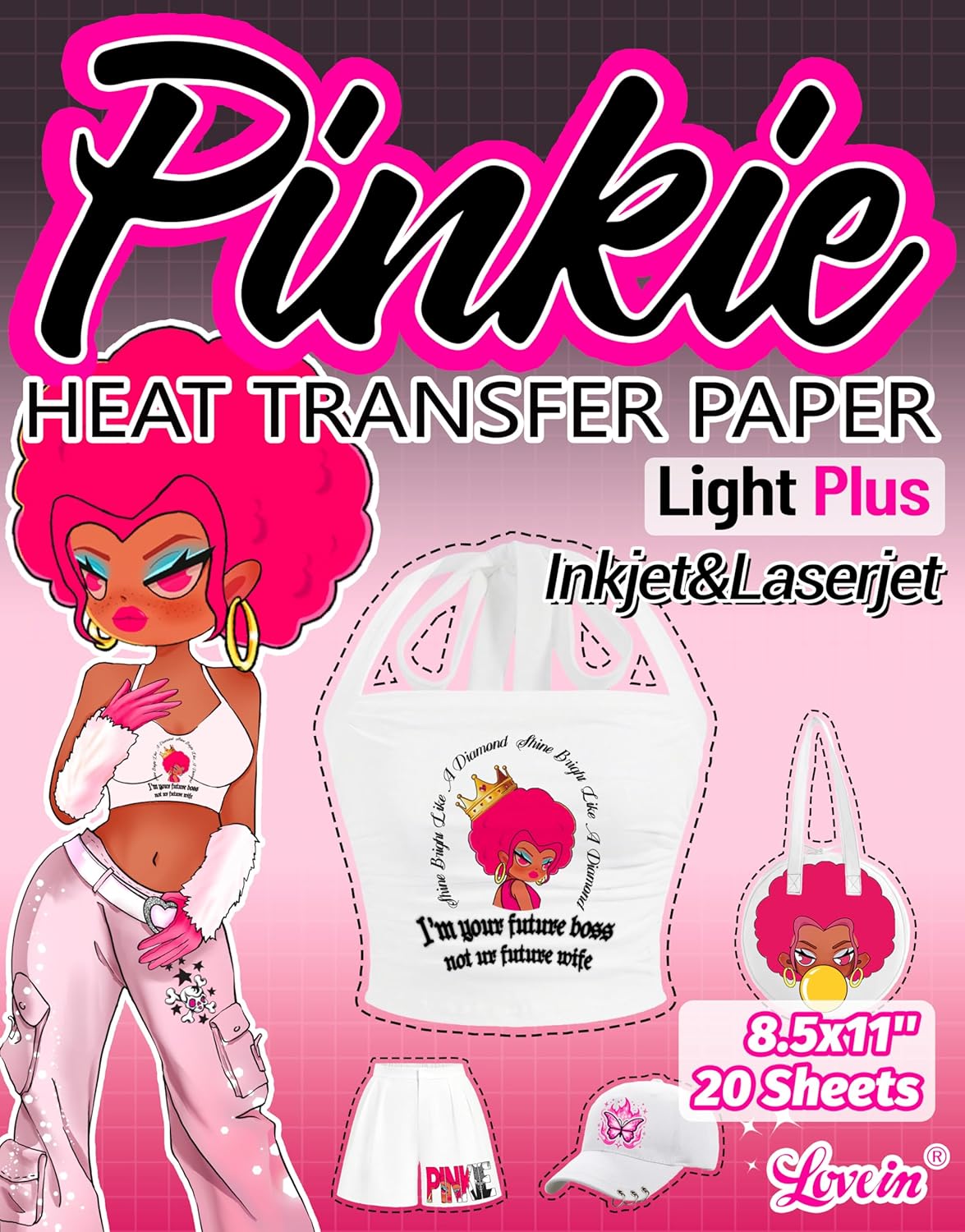 Lovein Pinkie Iron on Heat Transfer Paper for T Shirts (20 Sheets, 8.5x11'', Light Plus) Printable Heat Transfer Vinyl for Laserjet & Inkjet Printer Iron on Transfers Paper for Light Fabric (PK-L3-20)