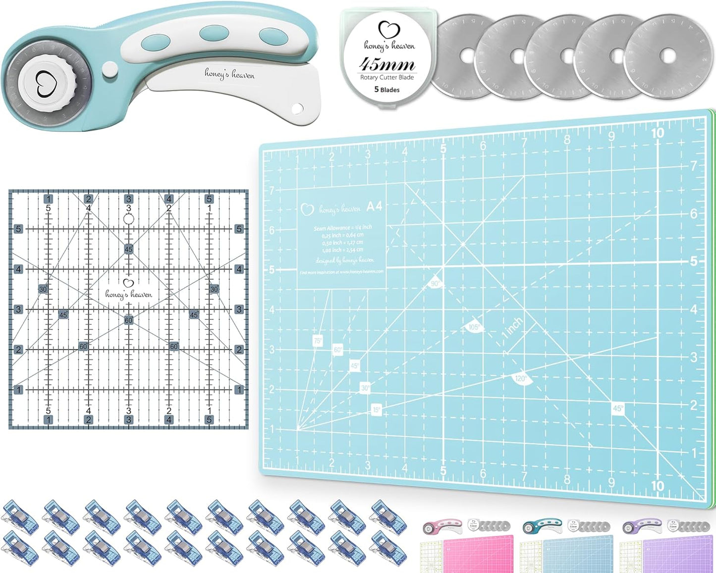 Rotary Cutter Set - Quilting Kit incl. 45mm Fabric Cutter, 5 Replacement Blades, A4 Cutting Mat, Acrylic Ruler and Craft Clips - Ideal for Crafting, Sewing, Patchworking, Crochet (Turquoise, A4)