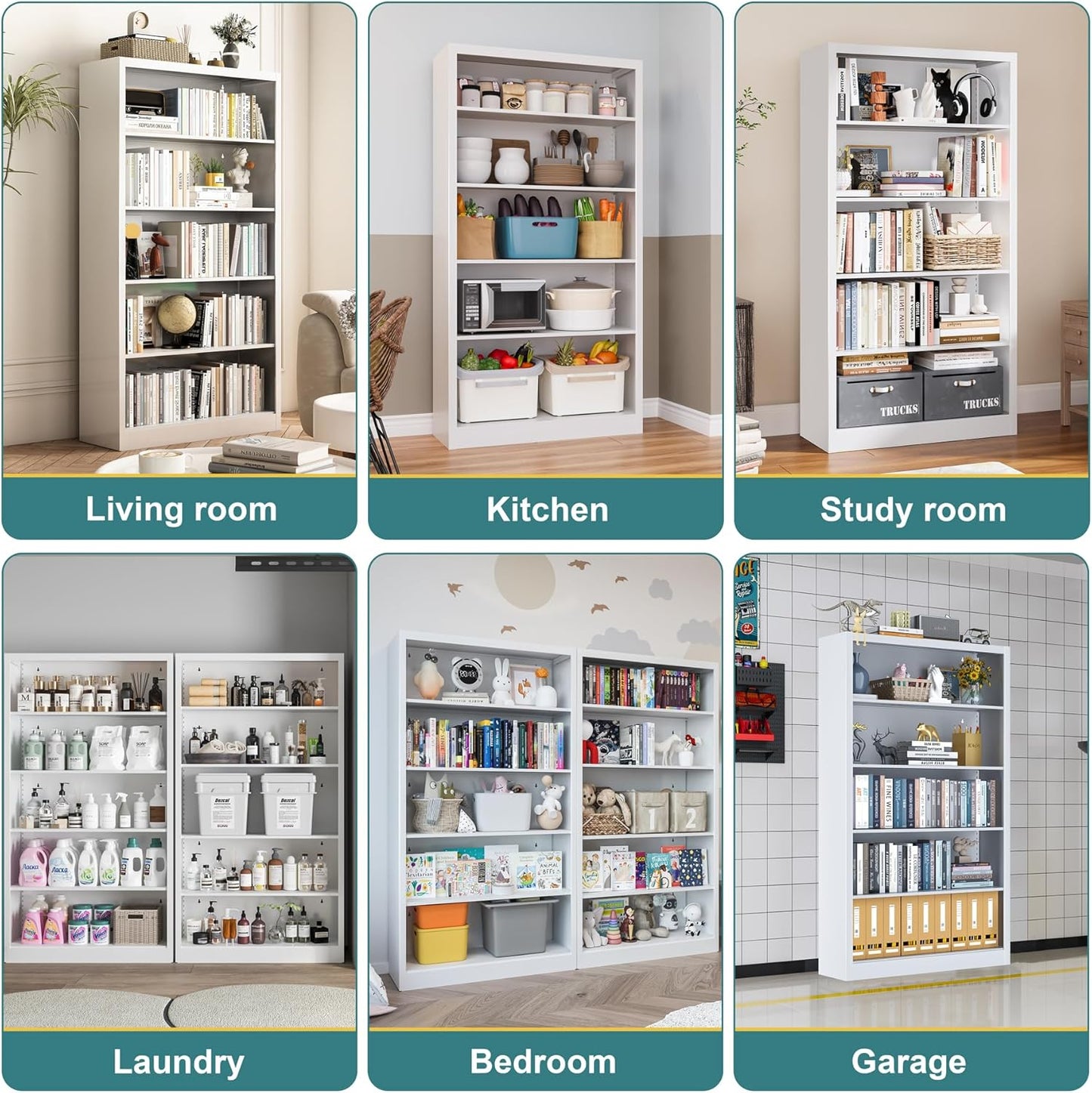 Heavy-Duty Steel Open Storage Cabinet with Adjustable Shelves, 5-Tier Shelving Unit, Easy Assembly Freestanding Organizer for Pantry,Office, Living Room,Bookshelf(White, 5 Tier-55"H x 27.6"W x 11.8"D)
