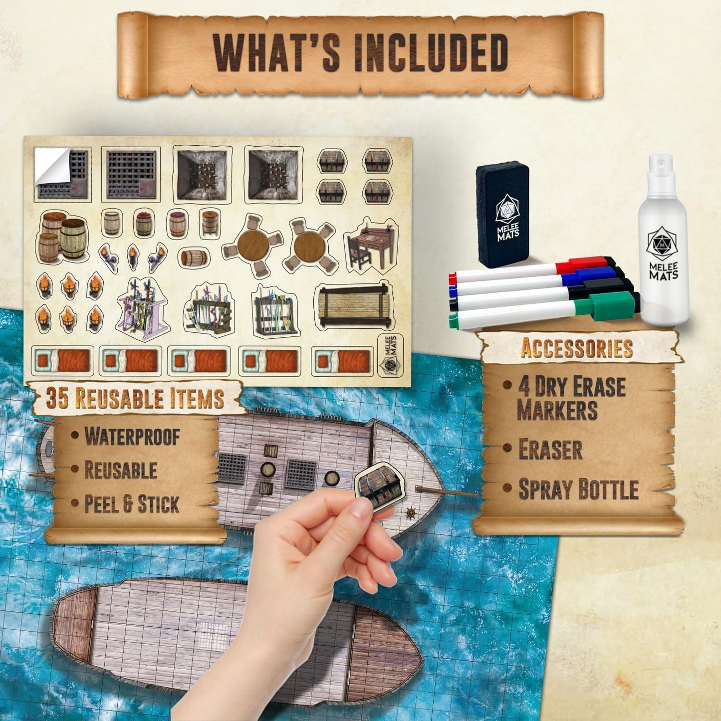 Melee Mats DND Map Starter Kit for Dungeons and Dragons Game - 24” x 36" 3 Pack Double Sided, Wet/Dry Erase Battle Terrain Grid - Ultimate Tabletop Board Gaming Experience with Accessories