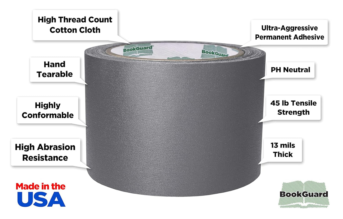 BookGuard 3 inch Premium Bookbinding Repair Cloth Tape, 15 Yard Roll, Gray