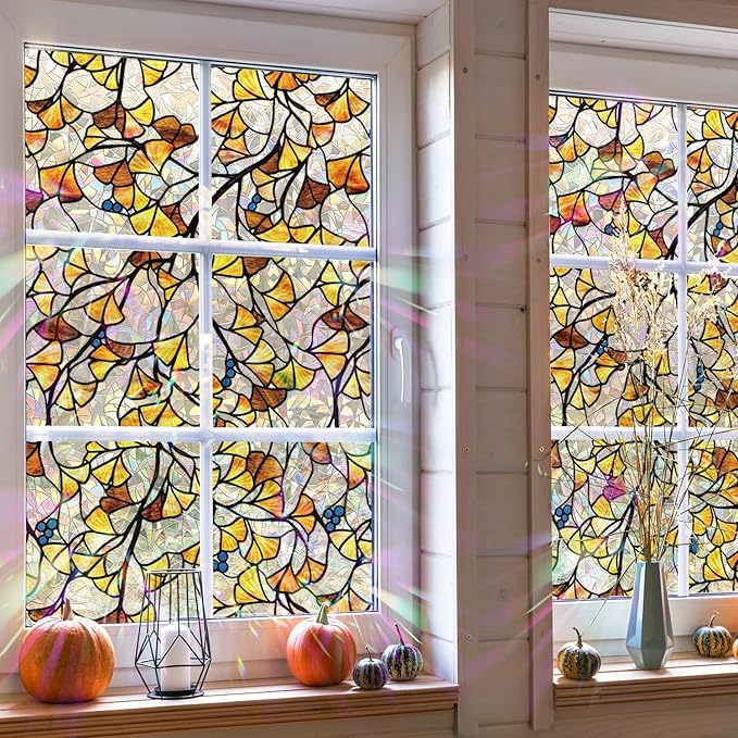 Fall Stained Glass Rainbow Window Privacy Film Autumn Leaf Window Cling, Stained Ginkgo Leaves, 118.11" x 20.87"