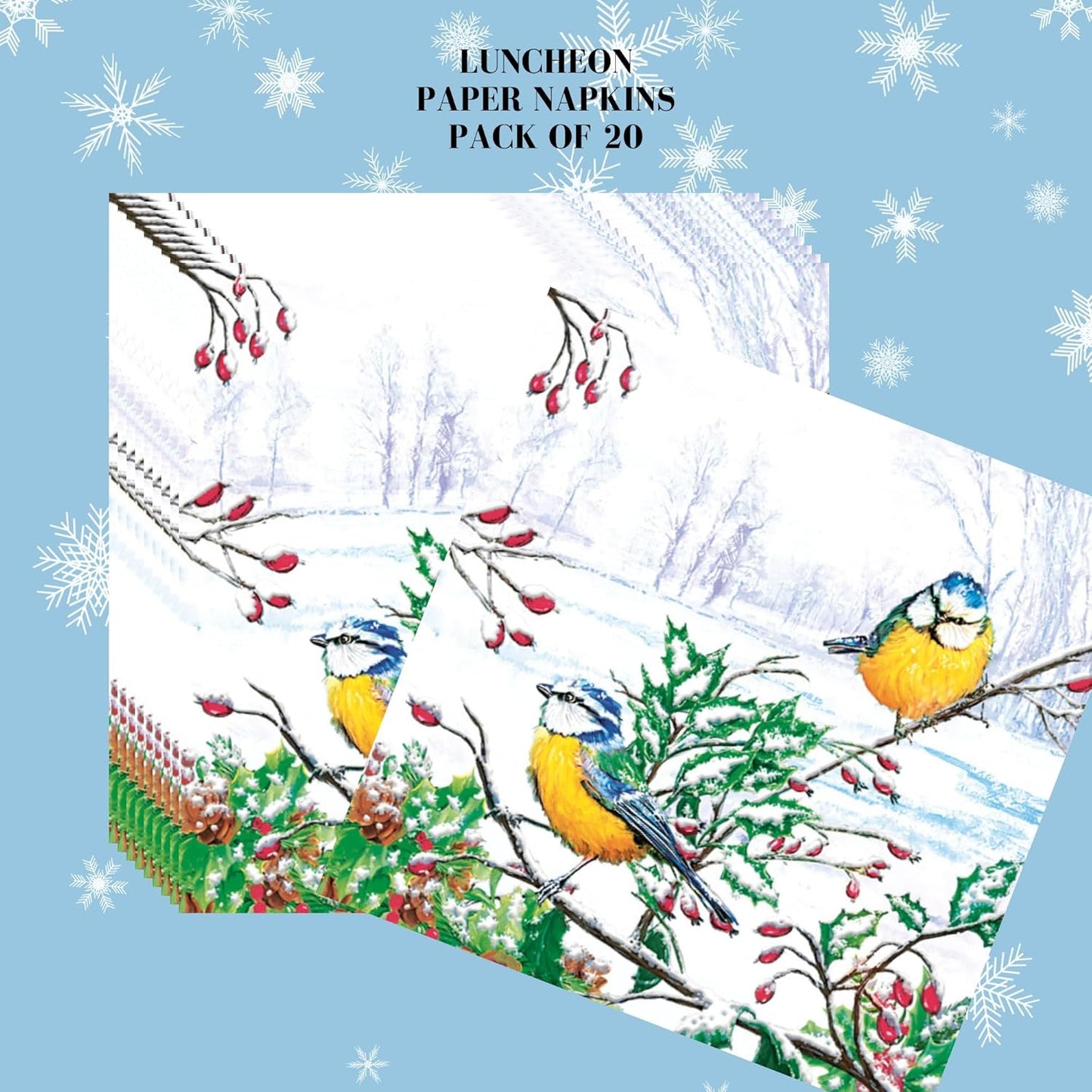 20-ct 13x13 Christmas Paper Decoupage Napkins, 3-Ply Servilletas Tissue Napkin for Dinner and Parties, Disposable Napkins (Winter Tits)