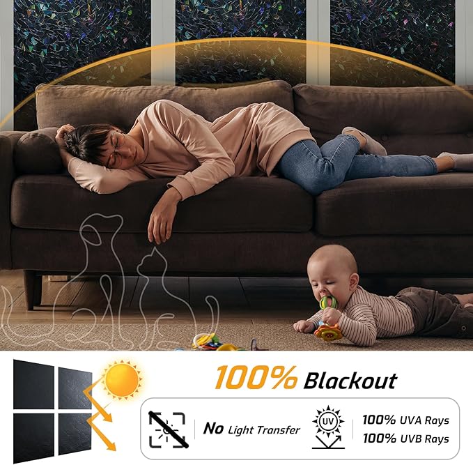LUTE Black Out Window Film, Sun Light Blocking Window Film for Room Darkening Day Sleep, 100% UV Blocker Stained Glass Blackout Cover, Rainbow Black Out Shades Tint for Home, 35.4" x 157.4"