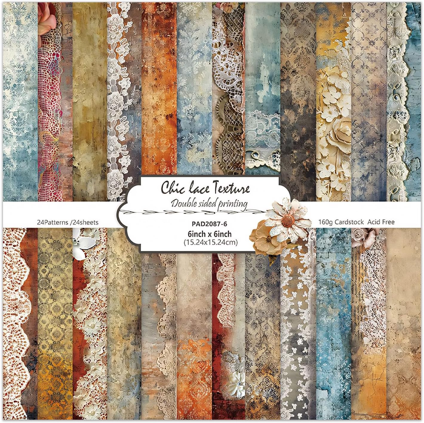 6'' Vintage Lace Scrapbook Paper Pad - 24 Sheets Double Sided Origami Cards for Junk Journal Collage Supplies Cards Decor Gifts Crafts DIY Wrapping Decorative Folded Photo Album