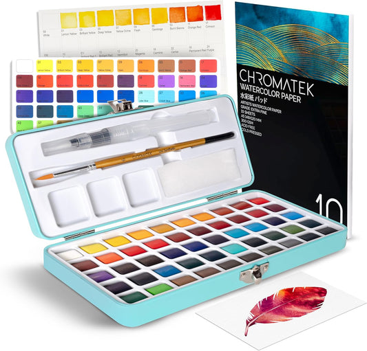 CHROMATEK Watercolor Paint Set – 50 Vivid Colors Including Transparent, Opaque & Pastel – Art Kit with Brush, Water Pen, Palette, Color Chart, Swatch Sheets, Pad & Metal Travel Case