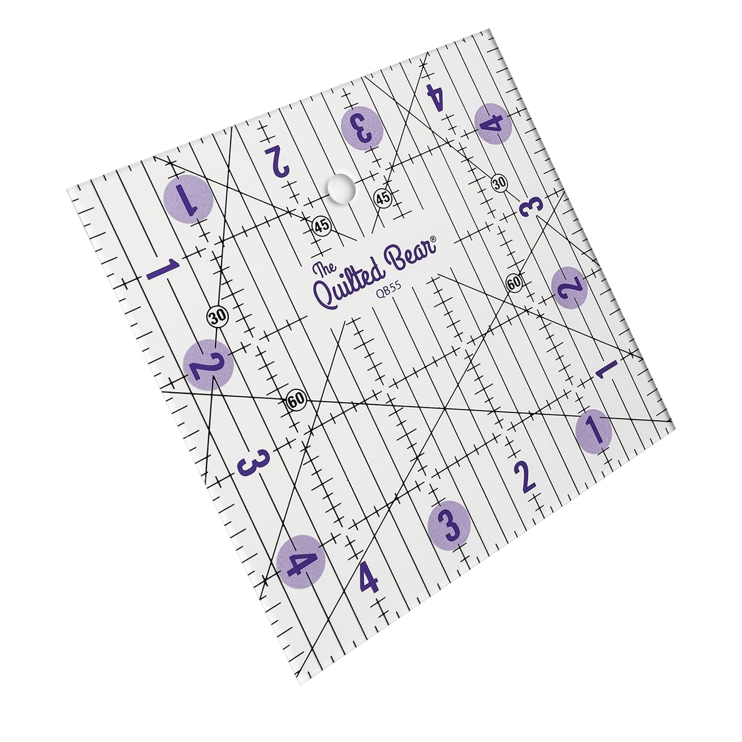 The Quilted Bear Quilting Rulers - Transparent Acrylic Non Slip Quilting, Patchwork & Sewing Ruler with Clear Black Lines & 30, 45 & 60 Degree Angles for Perfect Accuracy & Precision (5" x 5")