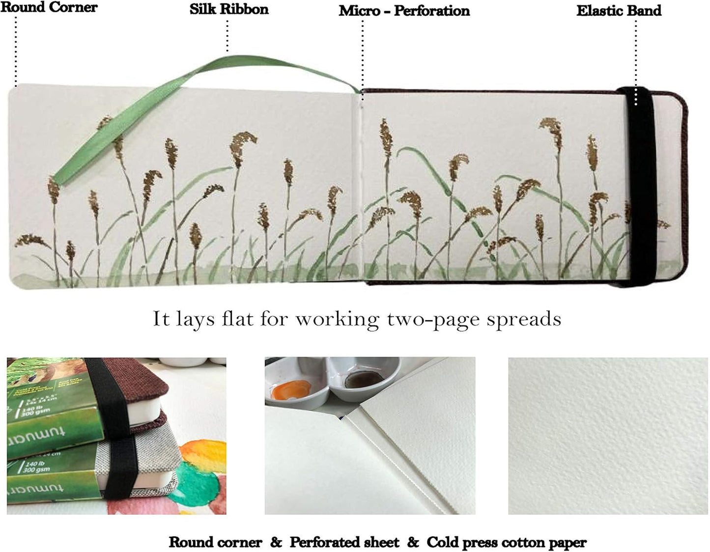 Watercolor Journal, 8.25x5.5, 140 LB, 300 GSM, tumuarta Cotton Paper, Cold Press, 24 Sheets, 48 Pages, Watercolor Paper Sketchbooks for Use As Travel Notebook and Mixed Media Pad