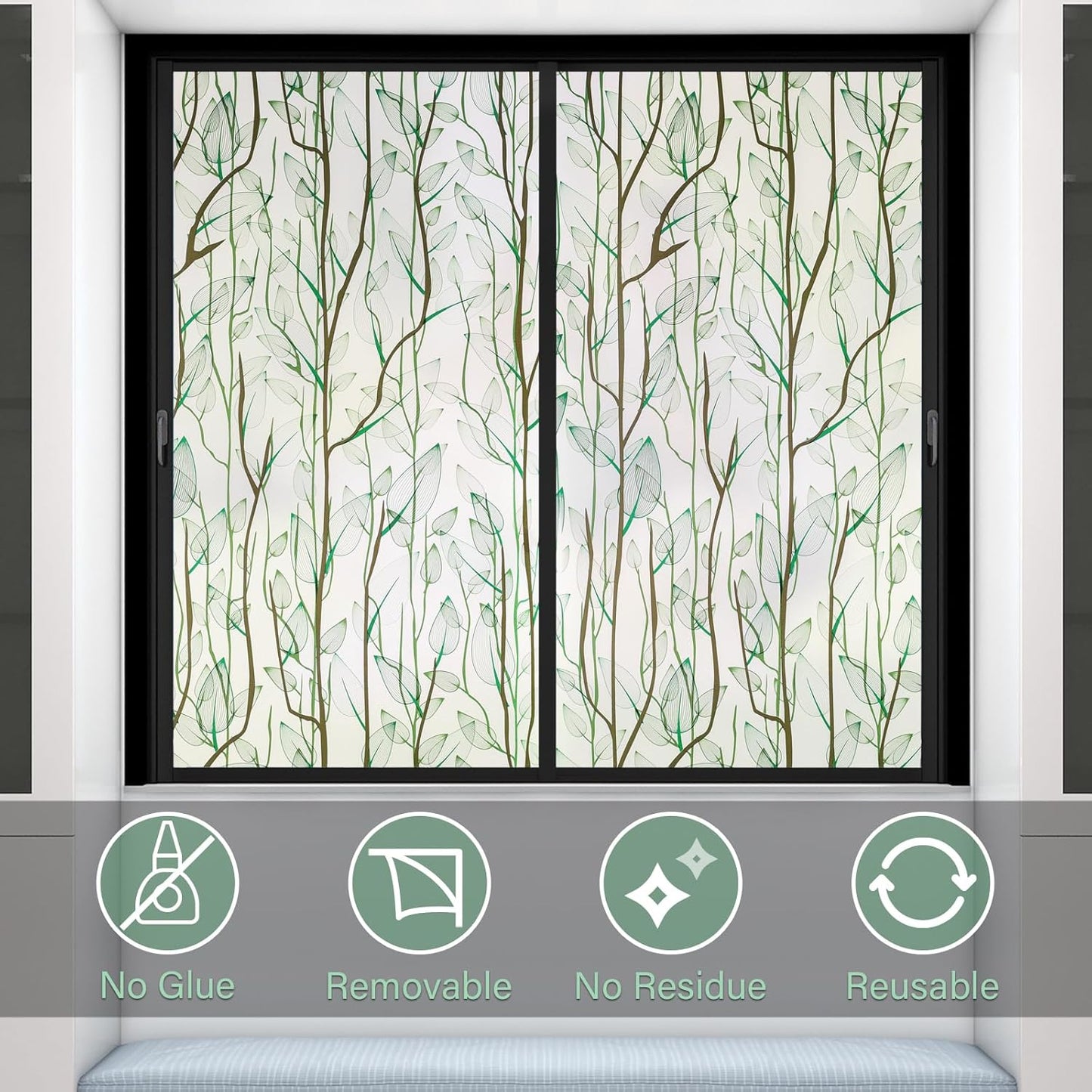 Donox Frosted Glass Window Film Heat Control UV Blocking, Static Cling Reusable Home Bathroom Door Window Privacy Film, Green Leaf Pattern Window Covering with Installation Tool, 17.5 in x 13.1 feet
