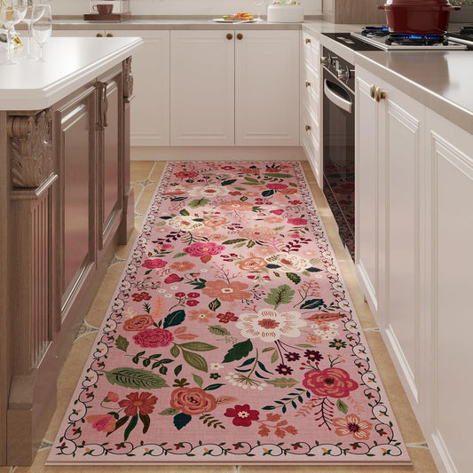 Rugcomf Runner Rug for Hallways Kitchen Rug Non Slip 2'x 6' Washable Rugs with Rubber Backing Soft Floral Carpet Runner for Hallways, Kitchen, Laundry, Bedroom, Bathroom(Pink)