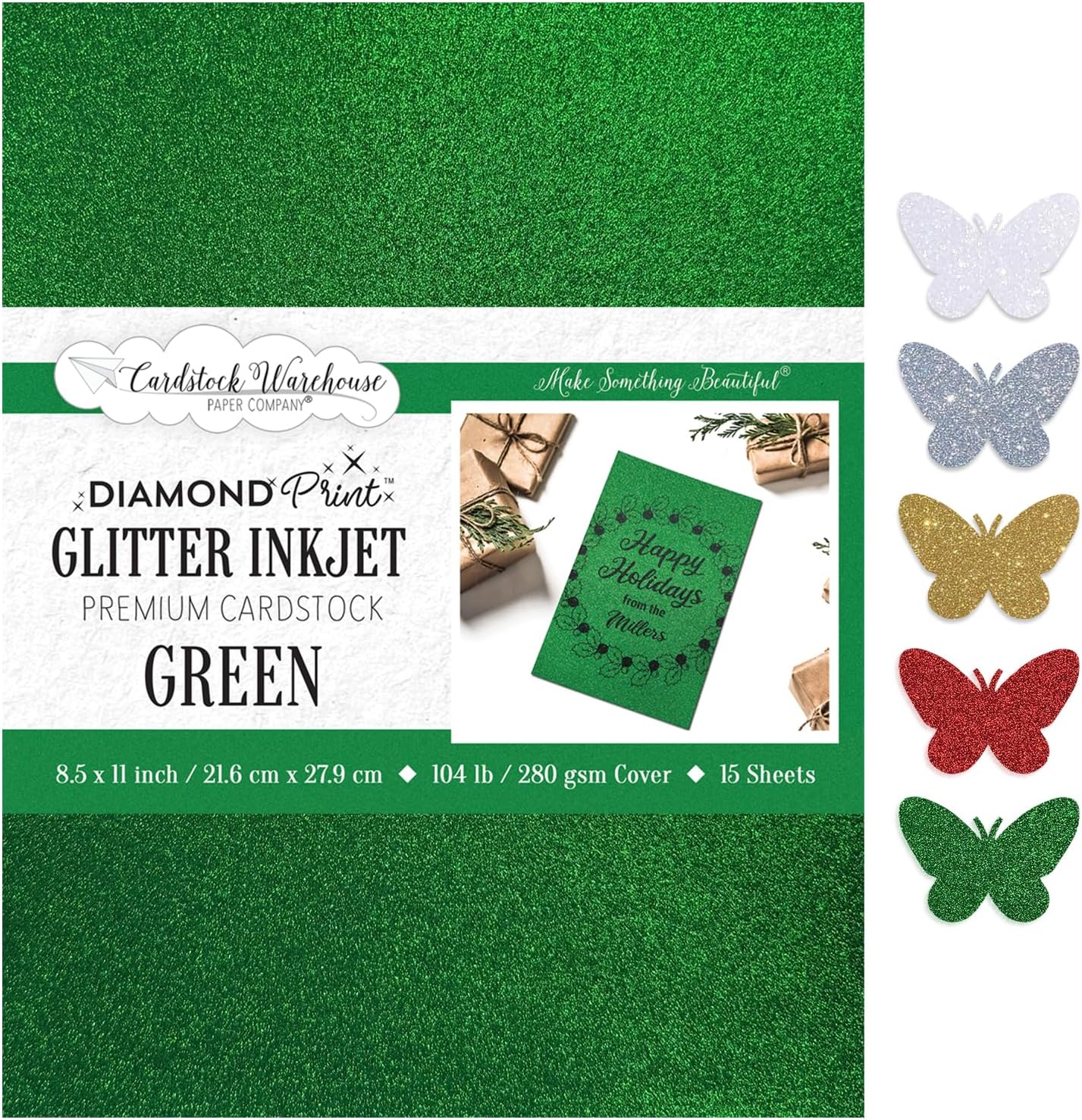 Cardstock Warehouse Diamond Print Inkjet Glitter - Premium Green Glitter Cardstock Paper – 15 Sheets, 8.5 x 11" - 104 lb/280 GSM for Inkjet Printing, Die-Cutting, Card Making, Crafts, and DIY Projects