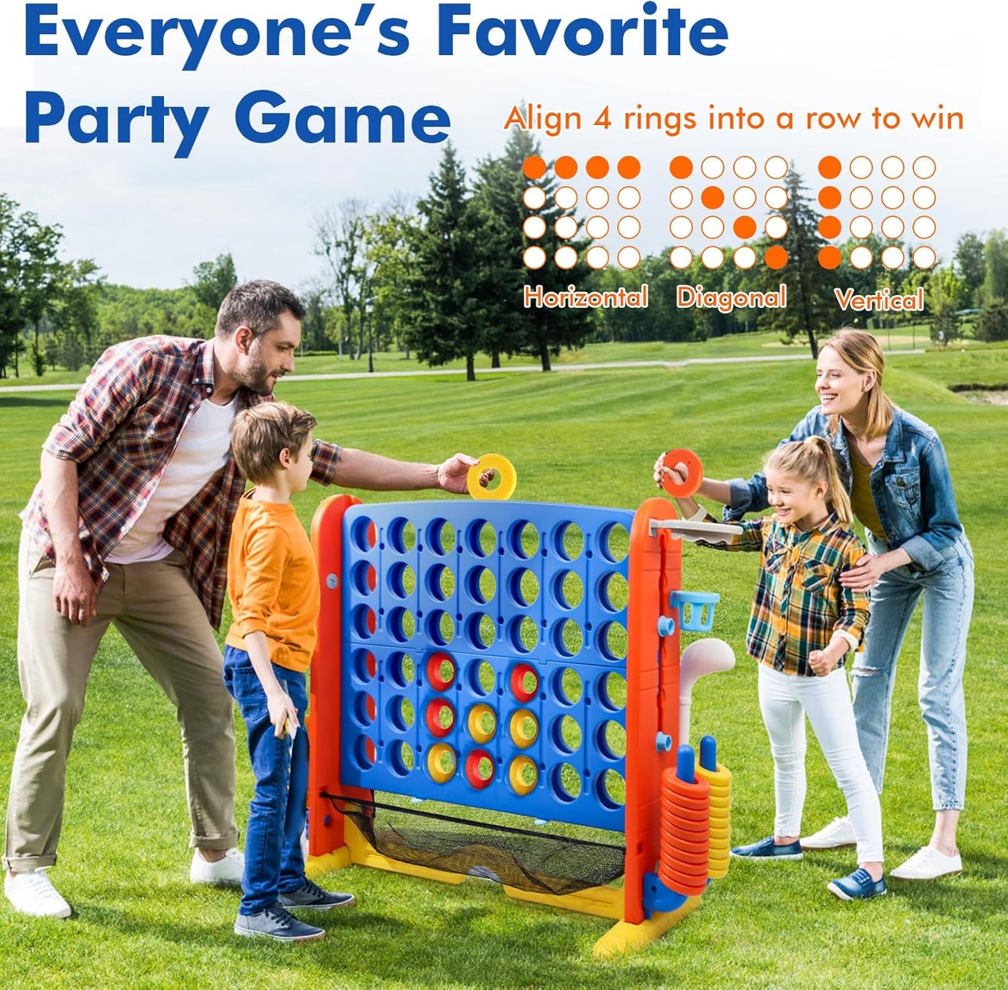Giant 4 in a Row Connect Game with Mesh Fabric | Height Adjustable 4-in-1 Jumbo 4-to-Score Yard Game Set with Basketball, Golf & Ring Toss | Outdoor Indoor Family Yard Party Game for Kids & Adults