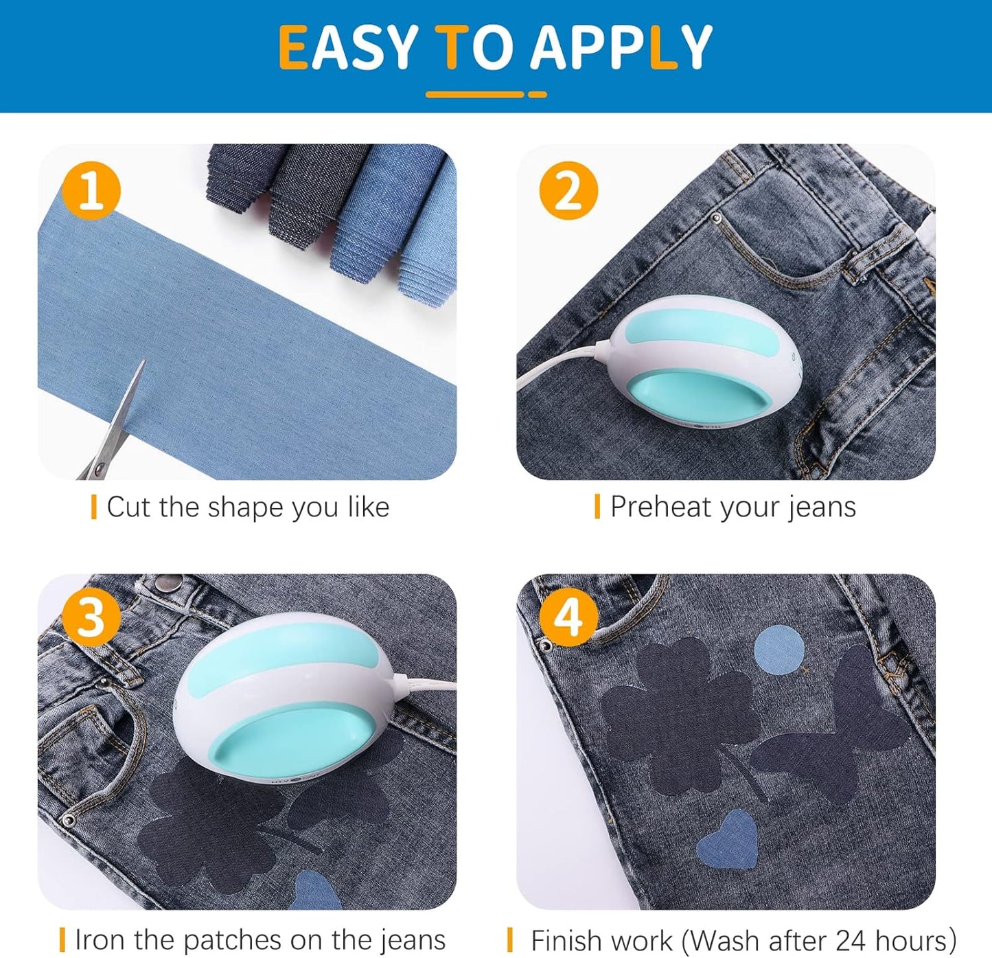 HTVRONT Iron on Patches for Clothing Repair 4 Rolls - Denim Patches for Jeans Kit 4" by 20", 4 Rolls of Iron On Denim Patches for Jeans Inside & Clothing Repair (Light Blue)