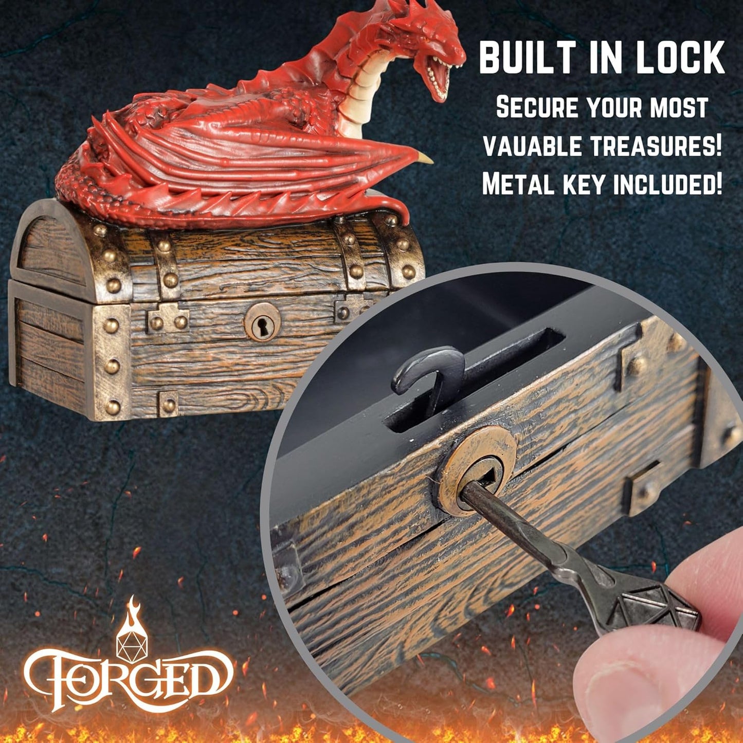Forged Dice Co. Wyvern Dice Box with Lock and Key - Dragon Storage Chest Compatible with Dungeons and Dragons, D&D Miniatures, Dnd Accessories - Fits up to 4 Standard Polyhedral Sets - Red