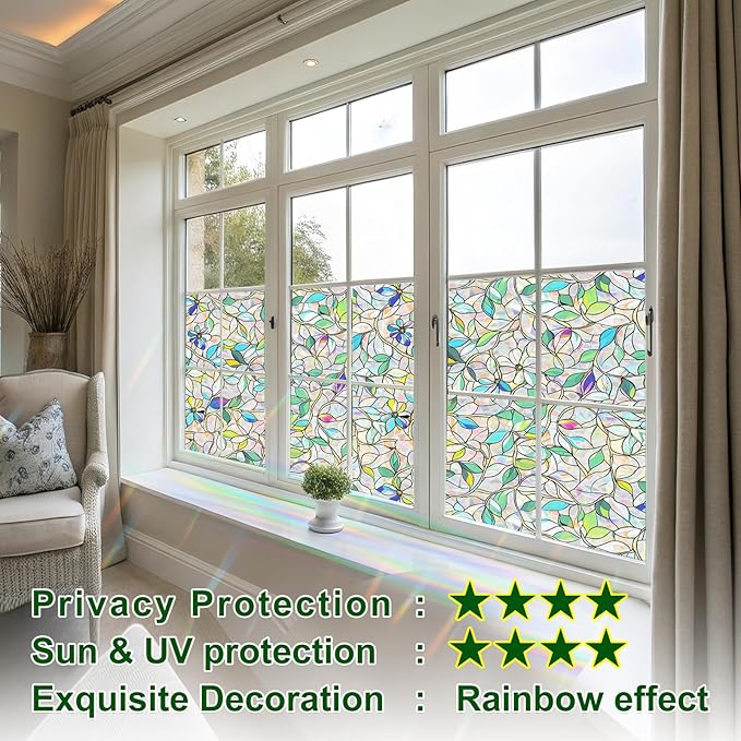 Window Privacy Film Home Room Bathroom Spring Decor Car Decorations One Way Privacy Window Clings Decals Tint Door Cover Rainbow Renter Friendly Stickers Static Cling Stained Glass Windows